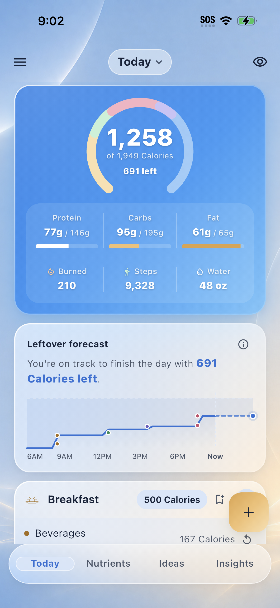 Quiet Calories Today screen showing a calm calorie overview